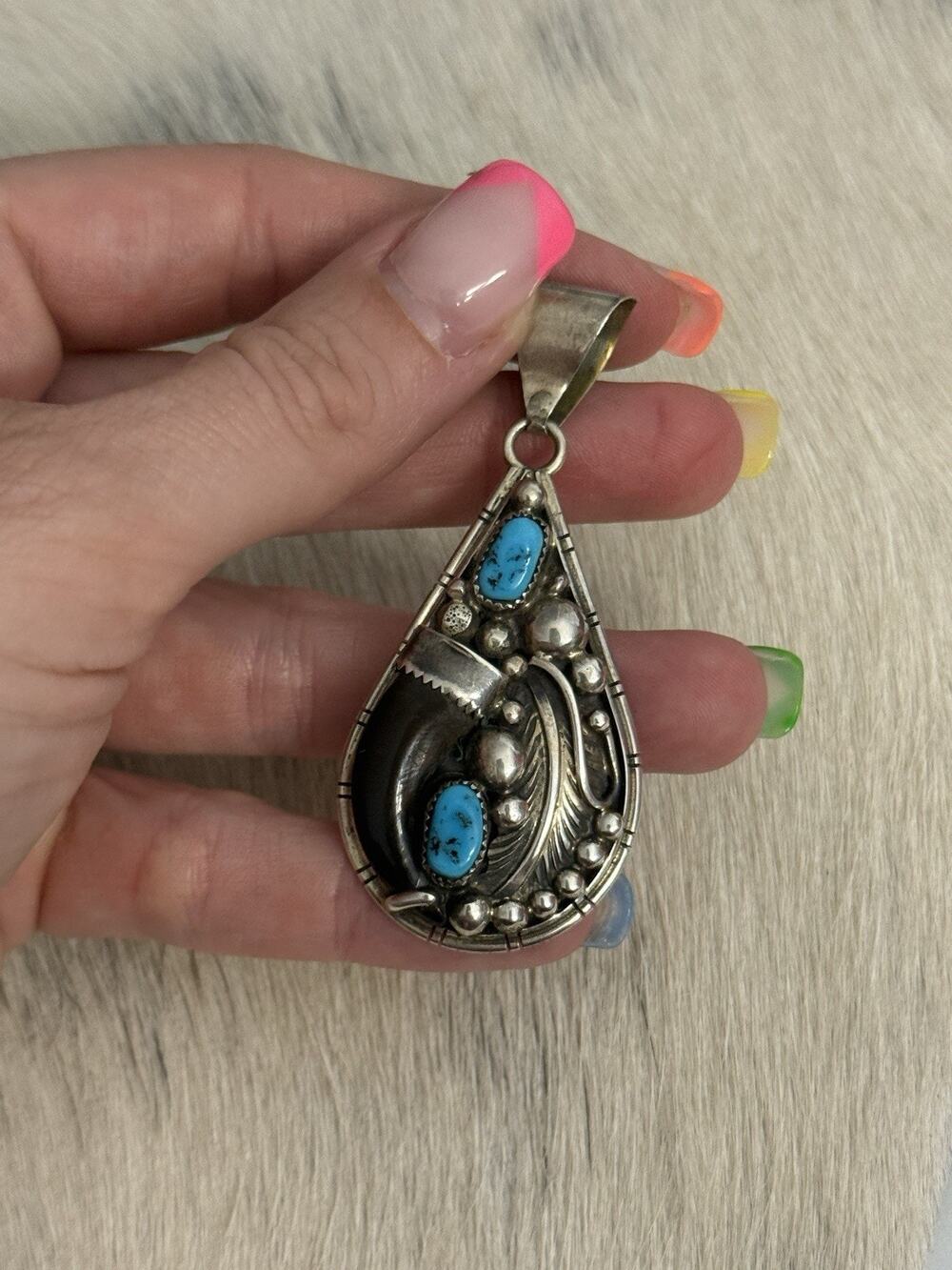 Southwest 925 Sterling Silver Blue Turquoise Nuggets Bear Paw Pendant Signed S